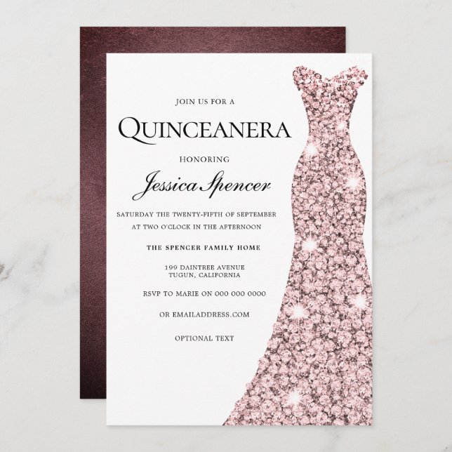 Convite para Quinceanera, rosa Dourado e Burgundy  (Frente/Verso)