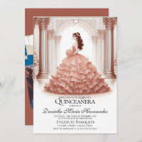 Convite para Quinceañera, Rosa Dourado Elegante