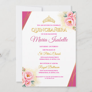 Convite para Quinceañera rosa e Dourada