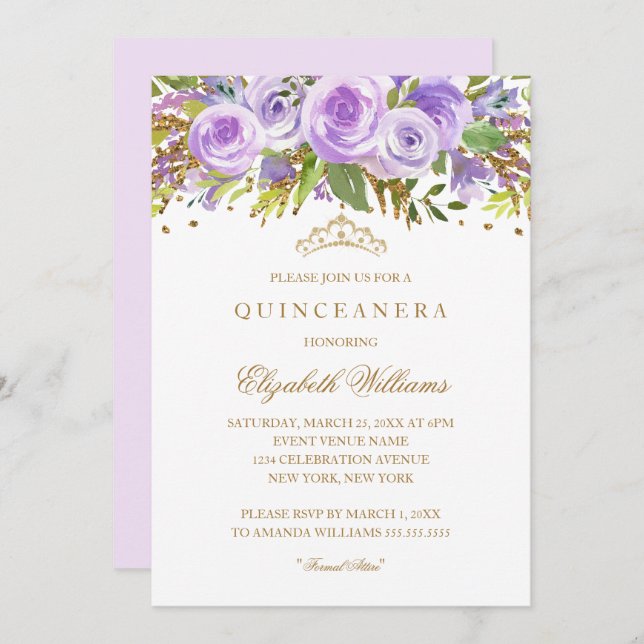 Convite para Quinceanera, Rosa Floral Dourado Roxo (Frente/Verso)