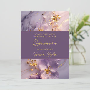 Convite para Quinceañera, Roxo Elegante e Dourada