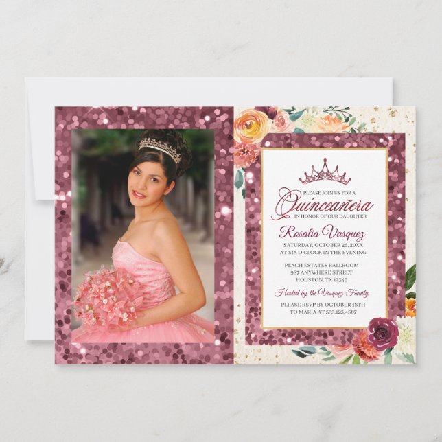 Convite para Quinceanera, Sequência Floral de Outo (Frente)