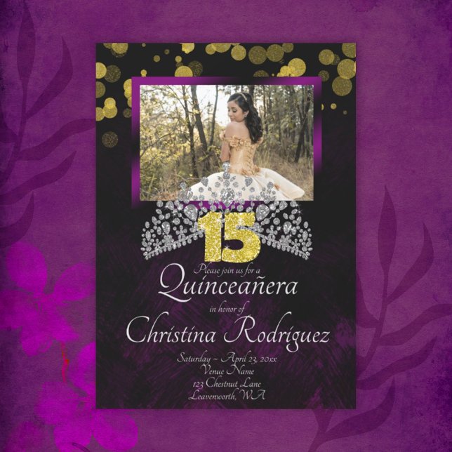 Convite para Quinceanera Tiara Preto, Dourado, Vio (violet black and gold quinceanera invitation with photo and diamond tiara)