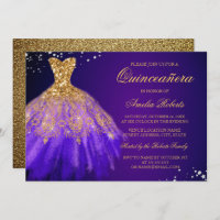 Convite para Quinceanera, Vestido Dourado Roxo
