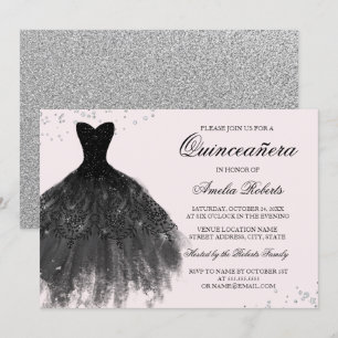 Convite para Quinceanera, Vestido Preto Rosa