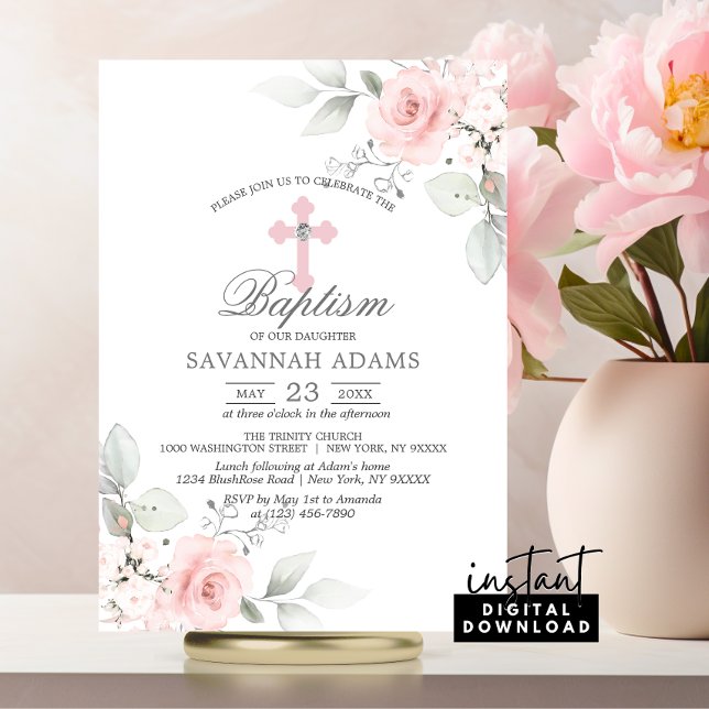 Convite para Rapariga Rosa Rosa Rosa Rosa Rosa, Co (BAPTISM Watercolor Pink Rose Girl Invitation | Christening Flowers Cross)
