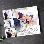 Convite para Recepção de casamento de Faixa de Fot<br><div class="desc">Elemento elegante e econômico ou anúncio privado de casamento e convite de recepção apresentando sua foto do dia de casamento, somada com uma faixa de três fotos quadradas menores, "Celebrar conosco" em um roteiro moderno e seus nomes, data de casamento e local em uma simples tipografia. No verso, personalize seu...</div>