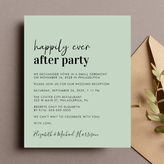 Convite para Recepção de casamento de Sage de Foto (A chic budget-friendly Happily Ever After Party invitation for your wedding celebration)