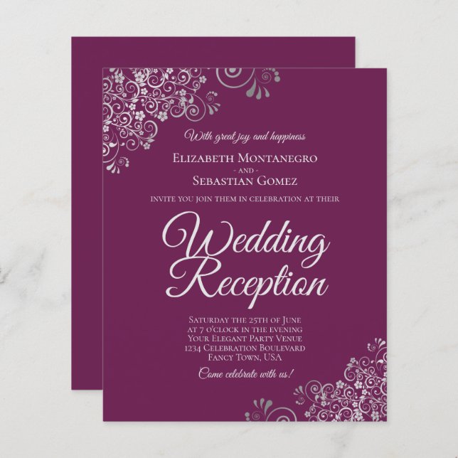 Convite para Recepção de casamento Magenta e Silve (Frente/Verso)