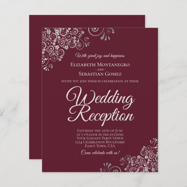 Convite para Recepção de casamento Silver & Burgun (Frente/Verso)