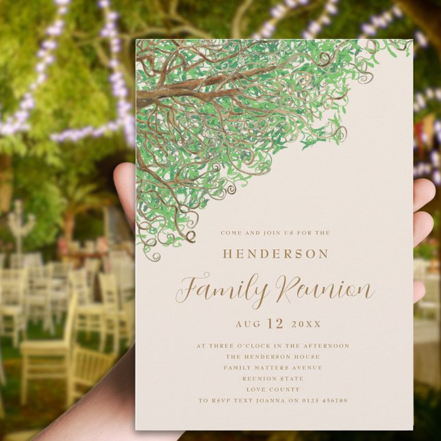 Convite para Reunião da Família de Árvores de Aqua (Watercolor tree family reunion invitation beige green brown modern script )