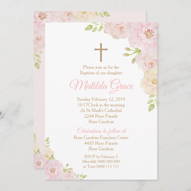 Convite Para Rosa Batismo Menina Convite Para Bati (Frente/Verso)