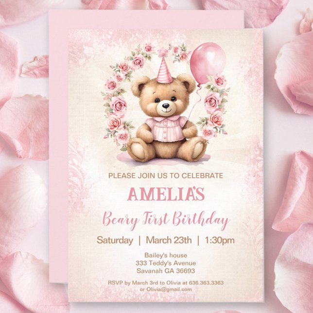 Convite para Rosas Rosa do Urso primeiro aniversar (1st Birthday Bear Pink Roses Invitation)
