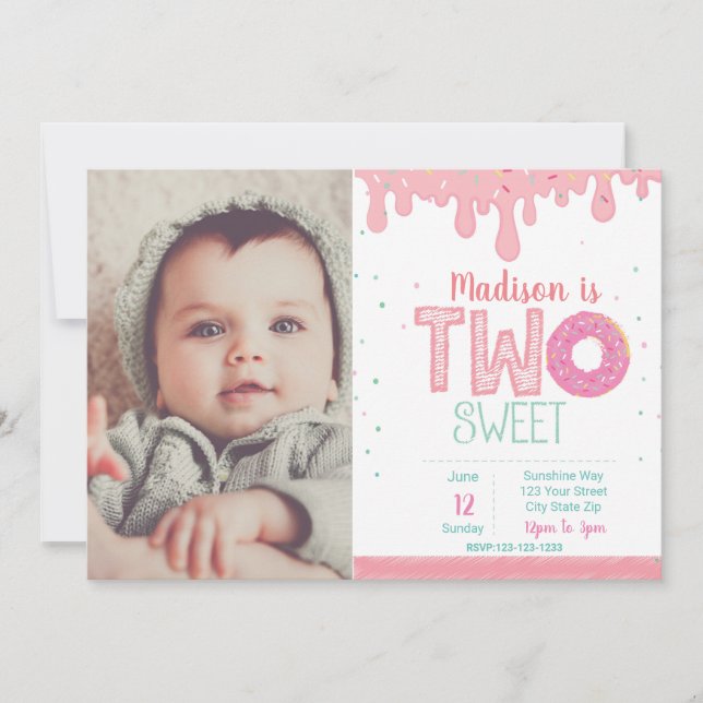 Convite para Rosquinha Rosa de segundo aniversário (Frente)