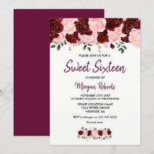 Convite para Script Blush Burgundy Rosa Sweet 16