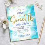 Convite para Script Dourado de Cor de Água Azul do<br><div class="desc">"Feliz Doce 16". Envie este convite de festas de orçamento estonteante, brilhante, giro, festivo, moderno, personalizado, personalizado para um evento a lembrar. Folha de ouro cintilante e minúsculos pontos brilhantes de confete e script de tipografia sobrepõem um fundo azul-turquesa de aquarela. Personalize o texto personalizado com o nome da sua...</div>