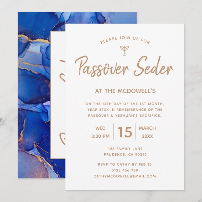 Convite para Seder de Passover Dourada Azul Elegan (Frente/Verso)