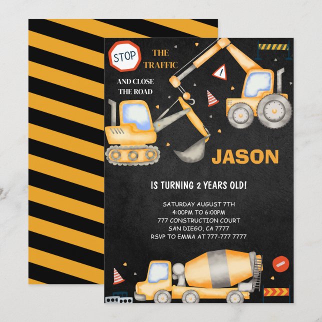 Convite para segundo aniversário Construction Boy (Frente/Verso)