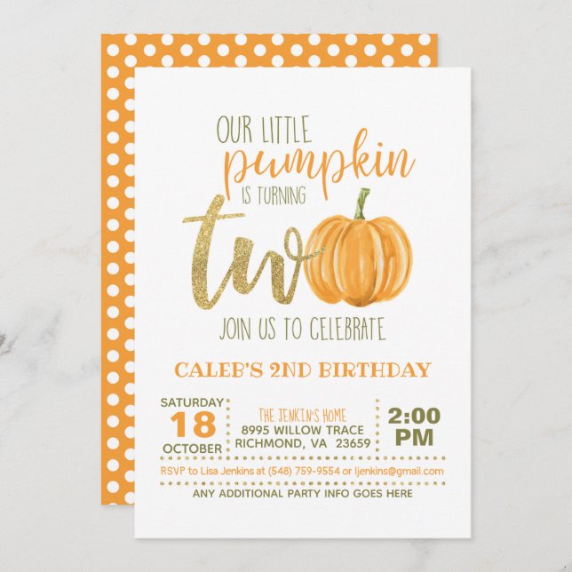 Convite para segundo aniversário de Abóbora - Pont (Frente/Verso)