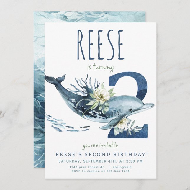 Convite para segundo aniversário de golfinhos (Frente/Verso)