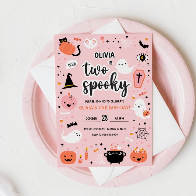 Convite para segundo aniversário de Halloween cor- (Pink and Orange Halloween 2nd Birthday Invitation )