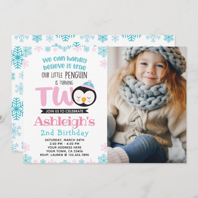 Convite para segundo aniversário de pinguins com f (Frente/Verso)