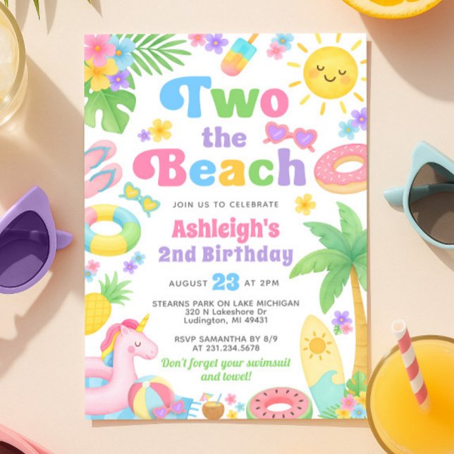 Convite para segundo aniversário de Verão - Duas n (Summer 2nd Birthday Invitation - Two the Beach)