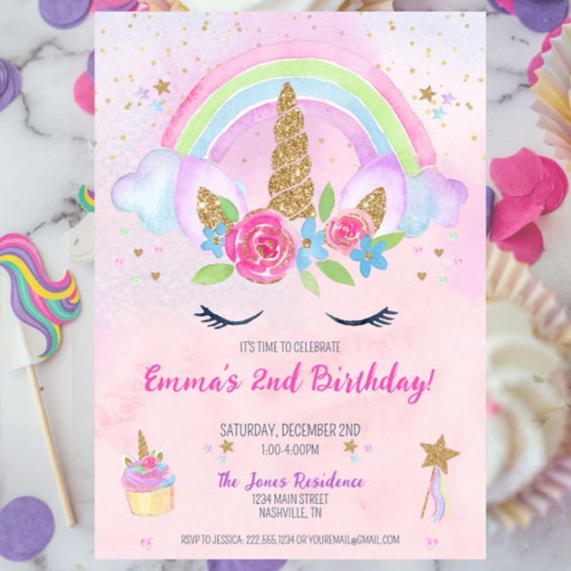 Convite para segundo aniversário Magical Unicorn R (Unicorn Rainbow 2nd Birthday Party Invitation, Pastel Unicorn Birthday Party for Girl, Girly)