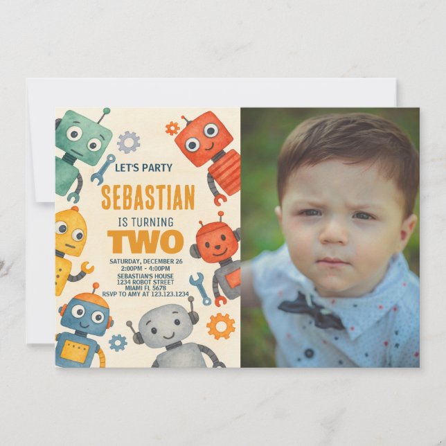 Convite para segundo aniversário Robot com fotogra (Frente)