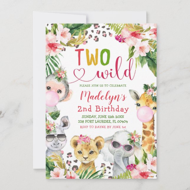 Convite Para segundo aniversário Safari Duas Garot (Frente)
