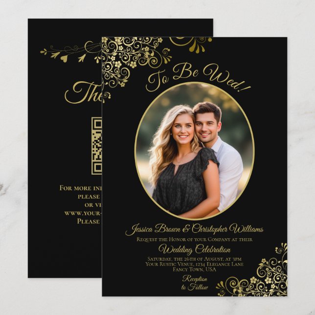 Convite Para Ser Casado Código QR Preto e Dourado e Foto d (Frente/Verso)