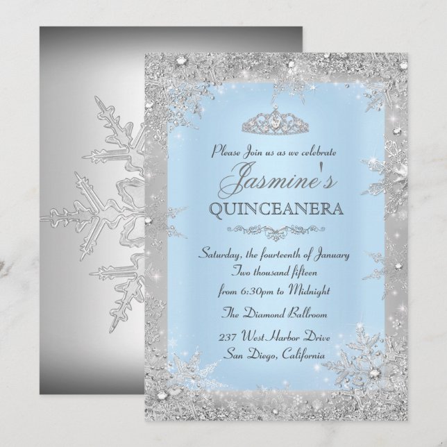Convite para Silver Winter Wonderland Blue Quincea (Frente/Verso)