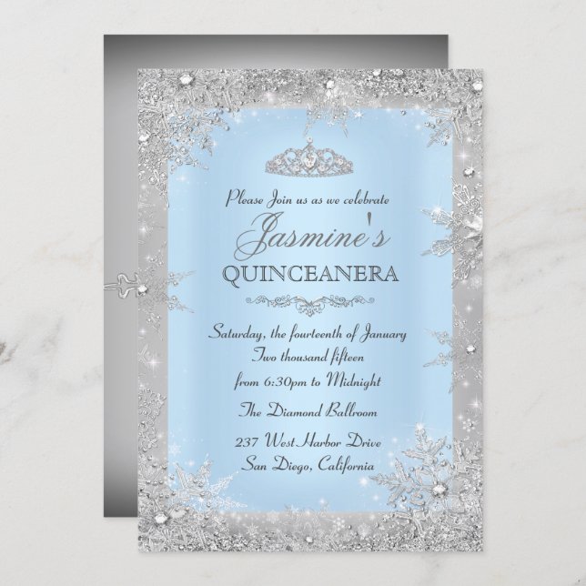Convite para Silver Winter Wonderland Blue Quincea (Frente/Verso)