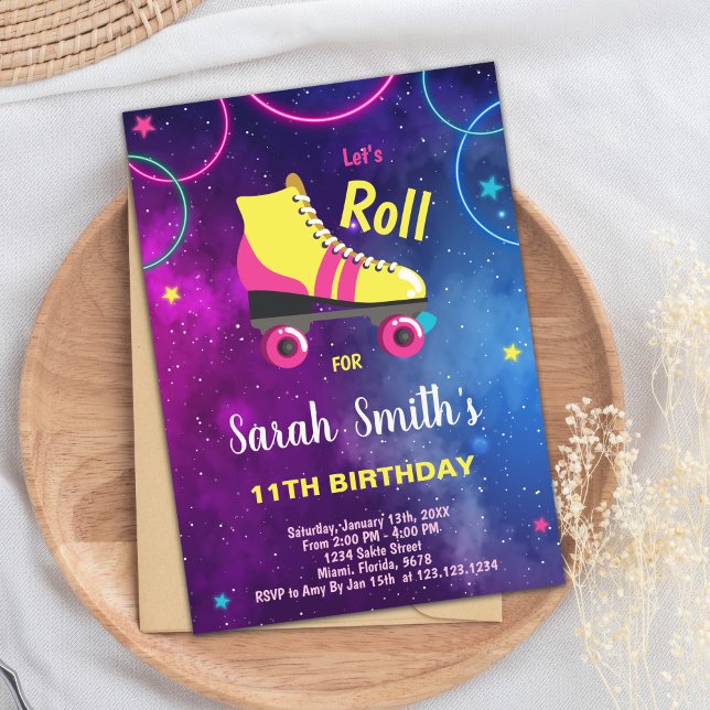 Convite para Skate de Raparigas Editáveis (Purple Pink Roller skating invitations)