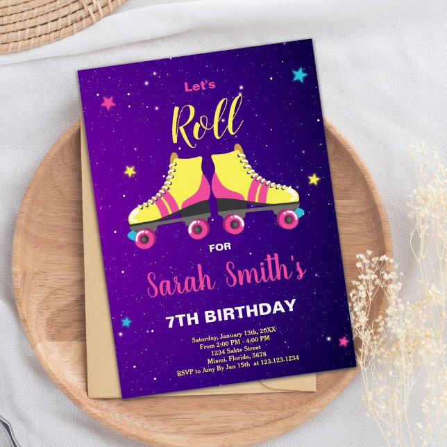 Convite para Skate de Raparigas Editáveis (Pink Roller birthday invitations)