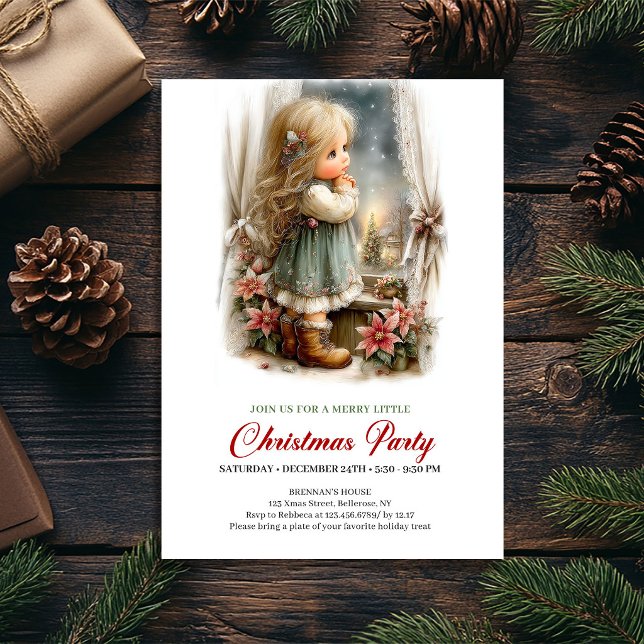 Convite para Soirée de Natal Menina Fofa Cena de F (Christmas Soirée Invitation Cute Girl Holiday Scene)