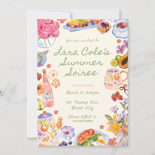 Convite para Soiree de Verão Desenhado à Mão Comid (Frente)