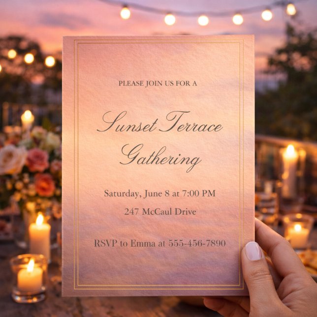 Convite para Soirée no Terrace do Pôr do Sol (Soft peach sunset terrace soirée with gold framing for a refined outdoor evening gathering)