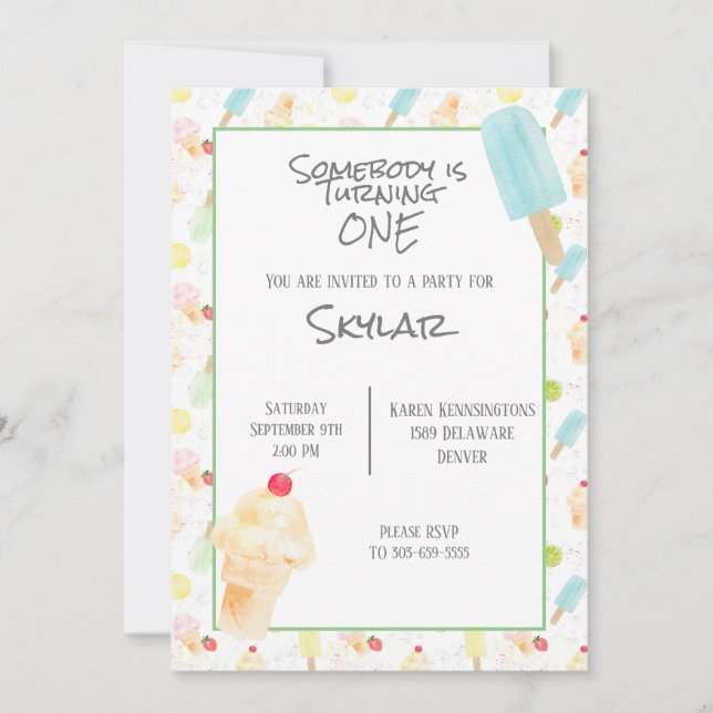 Convite para Sorvetes de Parte primeiro aniversari (Frente)