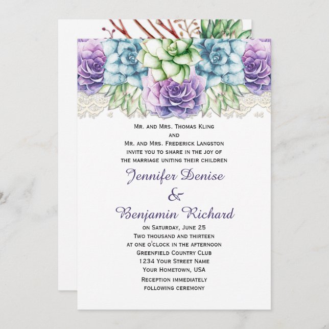 Convite para Suculidades de Cor da Água Verde Azul (Frente/Verso)