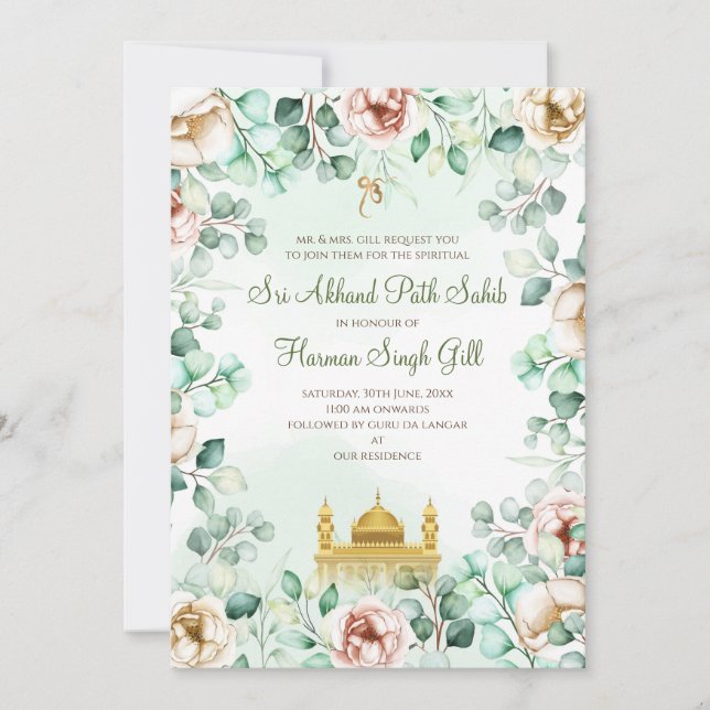 Convite para Sukhmani path Convite para Akhand Pat (Frente)
