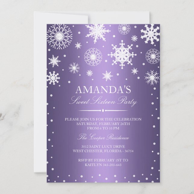 Convite para Sweet 16 de Inverno Roxo Encantado (Frente)
