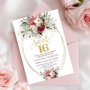 Convite para Sweet 16 em vermelho burgundy dourado