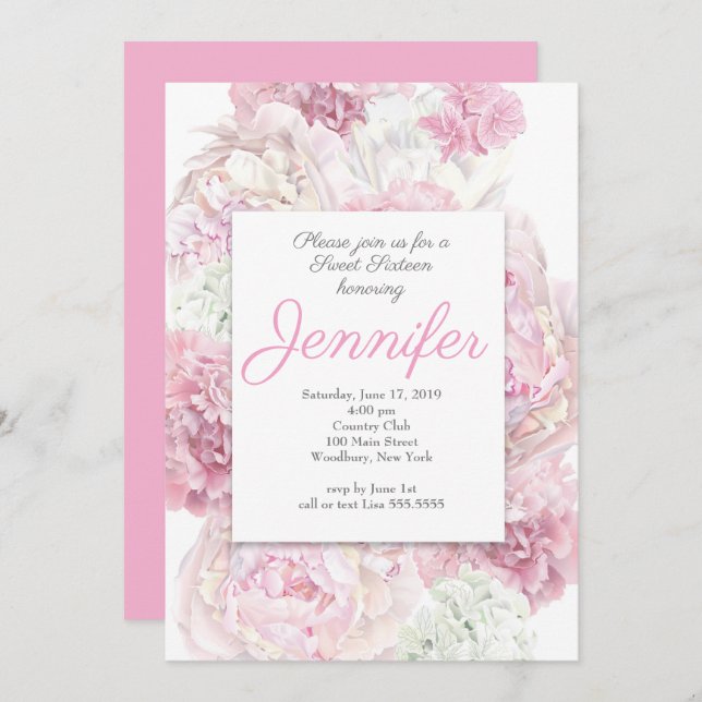 Convite para Sweet Floral 16, cor-de-rosa, (Frente/Verso)