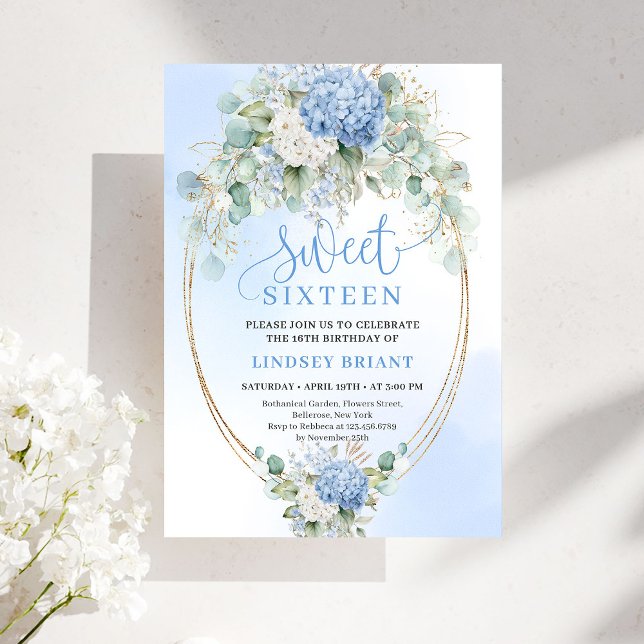 Convite para Sweet Sixteen Romântico com Hortênsia (Romantic Blue Hydrangea Sweet Sixteen Invitation)
