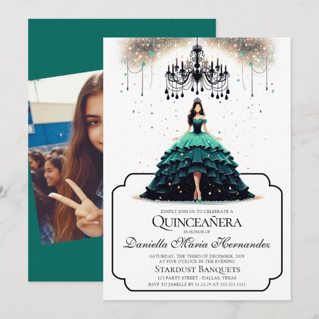 Convite para Teal Quinceañera (Frente/Verso)