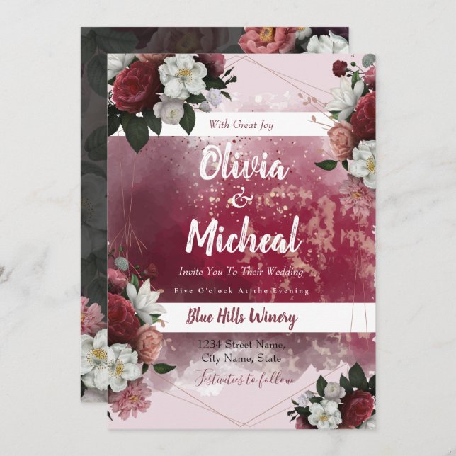 Convite para tema Chic Watercolor Floral Red Burgu (Frente/Verso)