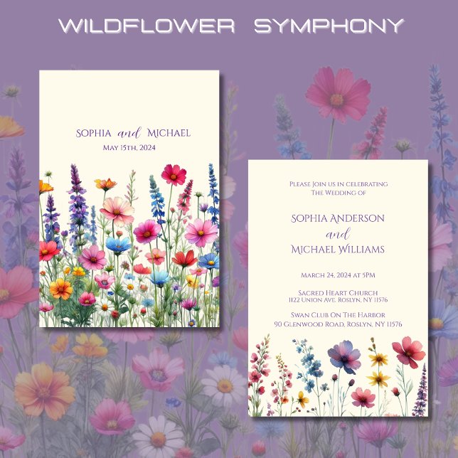 Convite para Tema de Casamento da Sinfonia de Flor (Wildflower Symphony Wedding Invitation-Colorful, Country, Rustic, Bohemian, Elegant)