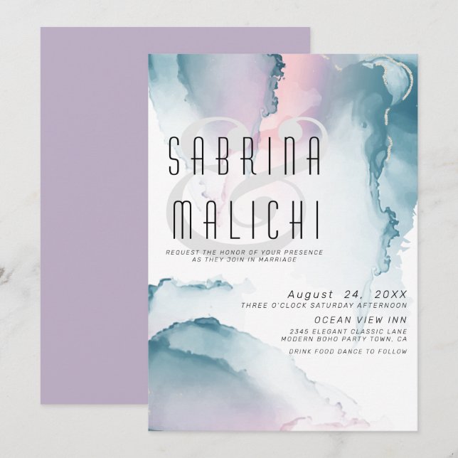 Convite para Tinta Fluida Moderna de Rosa de Teal  (Frente/Verso)