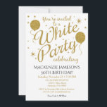 Convite para todos os Convites de festas Brancos d<br><div class="desc">Este convite de festas branco divertido apresenta balões e estrelas dourados com brilho. Tem um talento elegante e caprichoso com uma na moda. Você convidado de honra adora este convite de aniversário Todo Branco. Não apenas para aniversários, mas perfeito para a 21rua 30 35ª 45ª 45ª 45ª 60ª 70 75ª...</div>